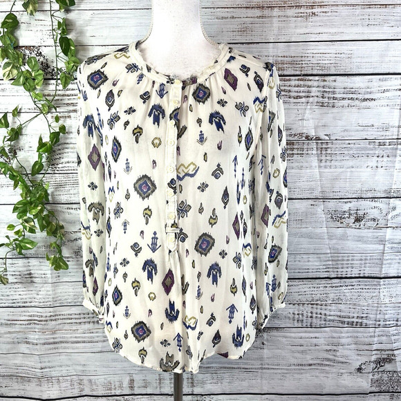 Lucky Brand Blouse Tunic size Medium Purple Blue Sheer Aztec Peasant Boho - Picture 1 of 12